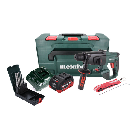 Martillo combinado a batería Metabo KHA 18 LTX 18 V 2,2 J SDS Plus + 1x batería 10,0 Ah + cargador + juego de brocas para piedra P4P SDS plus de 7 piezas + metaBOX