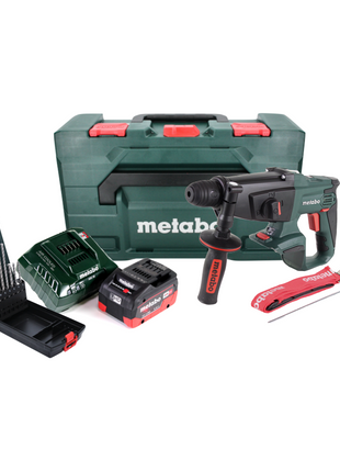 Martillo combinado a batería Metabo KHA 18 LTX 18 V 2,2 J SDS Plus + 1x batería 5,5 Ah + cargador + juego de brocas para piedra P4P SDS plus de 7 piezas + metaBOX