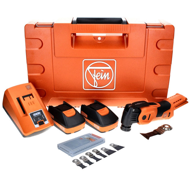Oscilador de batería Fein MultiMaster AMM 700 MAX C 18 V Starlock Max Brushless + 2x baterías 3.0 Ah + cargador + set de accesorios 6 piezas + estuche