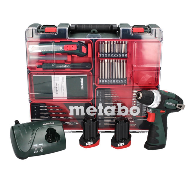 Metabo PowerMaxx BS Basic Set Perceuse visseuse 34 Nm 10,8 V + 2x Batteries 2,0 Ah + Chargeur + Coffret + Jeu de forets, 64 pcs. ( 600080880 )