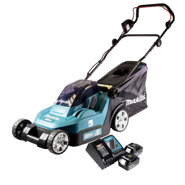 Cortacésped sin cable Makita DLM 432 RF2 36 V ( 2x 18 V ) 43 cm sin cepillos + 2x batería 3.0 Ah + cargador + cargador de batería