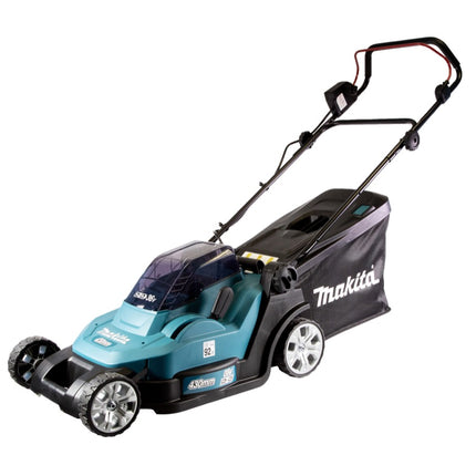 Makita DLM 432 RF2 36 V ( 2x 18 V ) tosaerba a batteria da 43 cm senza spazzole + 2x batteria da 3,0 Ah + caricabatterie + caricabatterie