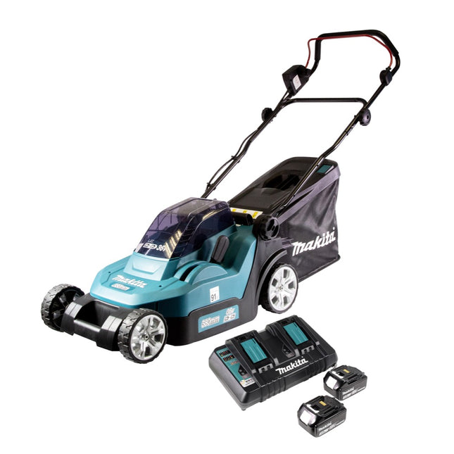 Makita DLM 432 PF2 cordless lawn mower 36 V ( 2x 18 V ) 43 cm brushless + 2x battery 3.0 Ah + double charger