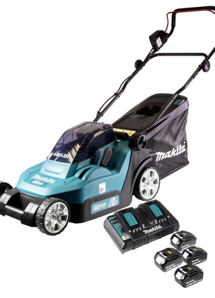 Cortacésped a batería Makita DLM 432 PF4 36 V (2x 18 V) 43 cm sin escobillas + 4x batería 3,0 Ah + cargador doble