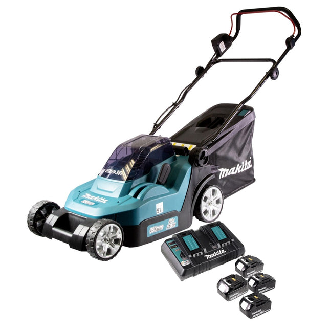 Makita DLM 432 PF4 cordless lawn mower 36 V ( 2x 18 V ) 43 cm brushless + 4x battery 3.0 Ah + double charger