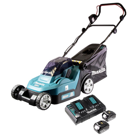 Makita DLM 432 PM2 Tondeuse à gazon sans fil 36 V (2x 18 V) 43 cm brushless + 2x Batteries 4.0 Ah + Chargeur double