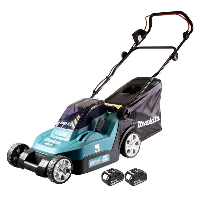 Makita DLM 432 T2 cordless lawn mower 36 V ( 2x 18 V ) 43 cm brushless + 2x battery 5.0 Ah - without charger
