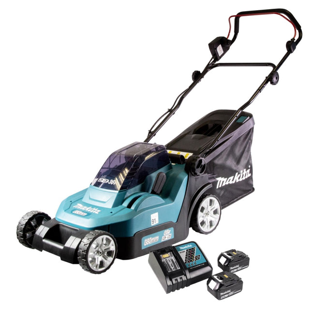 Makita DLM 432 RT2 Cortacésped sin cable 36 V (2x 18 V) 43 cm sin escobillas + 2x Baterías 5.0 Ah + Cargador