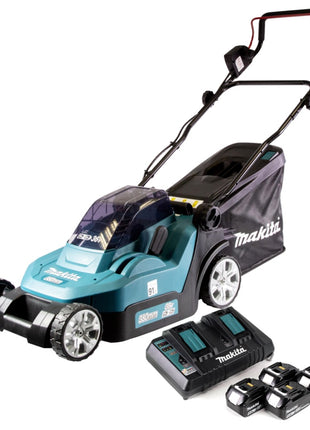 Cortacésped a batería Makita DLM 432 PT4 36 V (2x 18 V) 43 cm sin escobillas + 4x batería 5,0 Ah + cargador doble