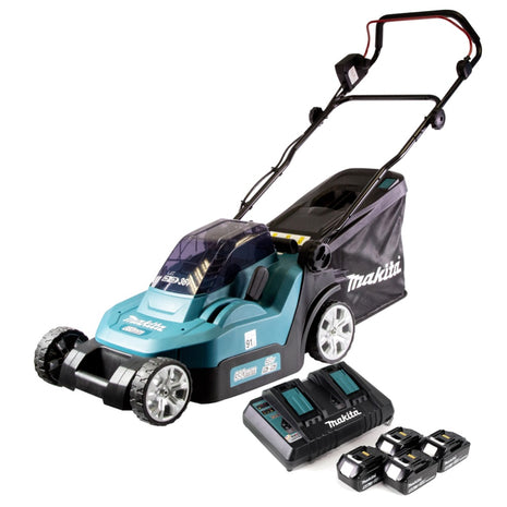 Cortacésped a batería Makita DLM 432 PT4 36 V (2x 18 V) 43 cm sin escobillas + 4x batería 5,0 Ah + cargador doble