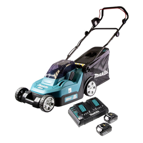 Cortacésped a batería Makita DLM 432 PG2 36 V (2x 18 V) 43 cm sin escobillas + 2x batería 6,0 Ah + cargador doble