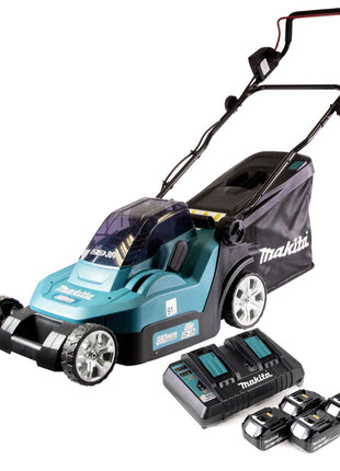 Cortacésped a batería Makita DLM 432 PG4 36 V (2x 18 V) 43 cm sin escobillas + 4x batería 6,0 Ah + cargador doble