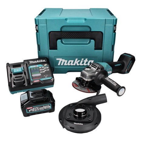 Amoladora angular a batería Makita GA 013 GM101 40 V máx. 125 mm sin escobillas XGT + 1x batería 4,0 Ah + cargador + campana de aspiración + Makpac