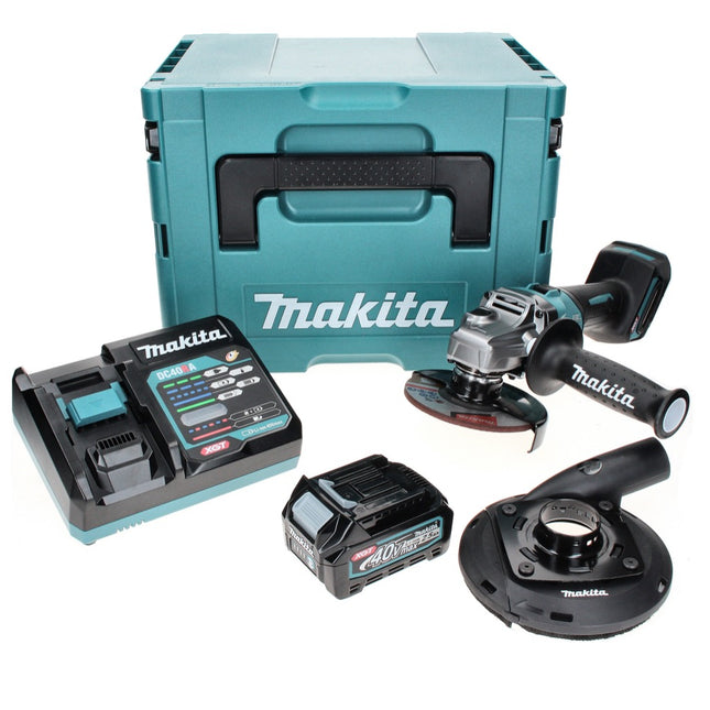 Amoladora angular a batería Makita GA 008 GD101 40 V máx. 125 mm sin escobillas XGT + 1x batería 2,5 Ah + cargador + campana de aspiración + Makpac