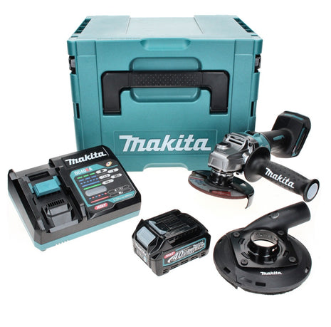 Amoladora angular a batería Makita GA 008 GD101 40 V máx. 125 mm sin escobillas XGT + 1x batería 2,5 Ah + cargador + campana de aspiración + Makpac