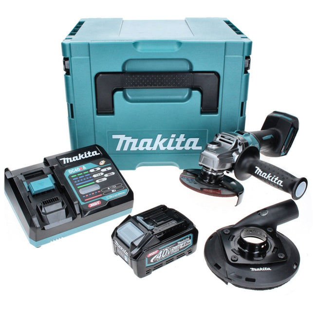 Amoladora angular a batería Makita GA 008 GM101 40 V máx. 125 mm sin escobillas XGT + 1x batería 4,0 Ah + cargador + campana de aspiración + Makpac