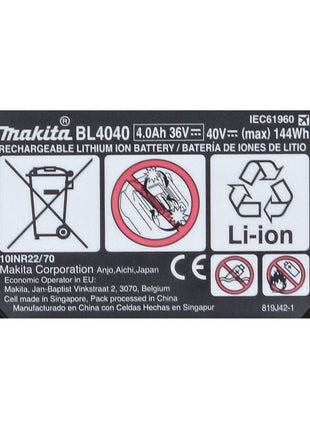 Kit de fuente de alimentación Makita 40 V máx. con 4 baterías BL 4040 4,0 Ah XGT (4x 191B26-6) + cargador rápido DC 40 RA XGT LXT (191E07-8)