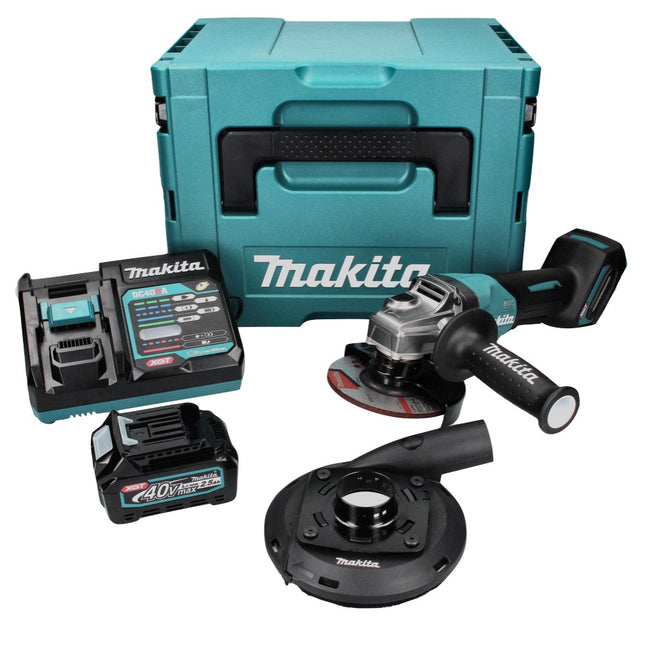 Amoladora angular a batería Makita GA 016 GD101 40 V máx. 125 mm sin escobillas XGT + 1x batería 2,5 Ah + cargador + campana de aspiración + Makpac