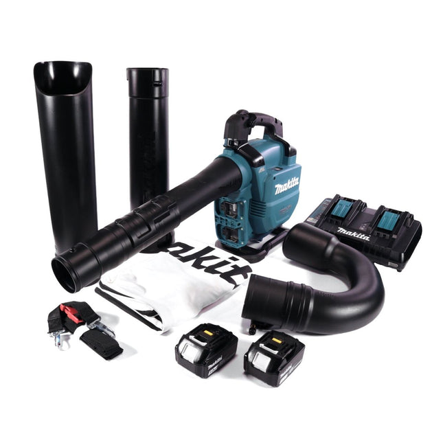 Makita DUB 363 PT2V Soplador / aspirador de hojas sin cable 36 V ( 2x 18 V ) sin escobillas + juego de aspiración + 2x batería recargable 5,0 Ah + cargador doble