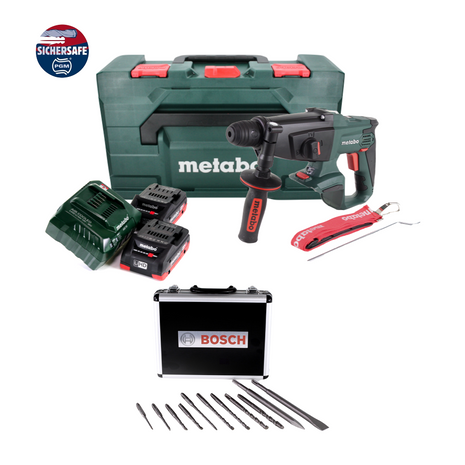 Martillo combinado a batería Metabo KHA 18 LTX 18 V 2,2 J SDS Plus + 2x baterías 4,0 Ah + cargador + juego de taladro y cincel 11 piezas certificado PGM + metaBOX.