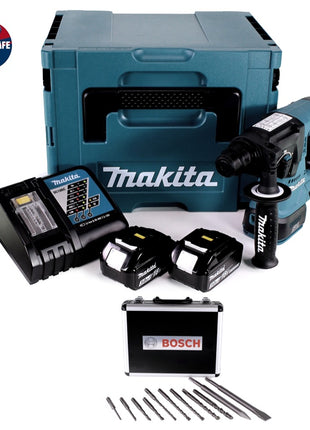 Makita DHR 242 RFJ Akku Bohrhammer 18 V 2,0 J SDS-plus Brushless + 2x Akku 3,0 Ah + Ladegerät + Bohrer und Meißel Set 11 tlg. PGM zertifiziert + Makpac