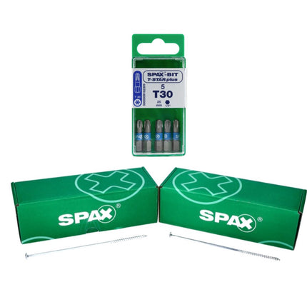 SPAX Set BIT T-STAR plus T30 - 6,4 x 25 mm, 5 piezas (5000009182309) + tornillo con cabeza de arandela HI.FORCE 6,0 x 200 mm 50 piezas (0251010602005)