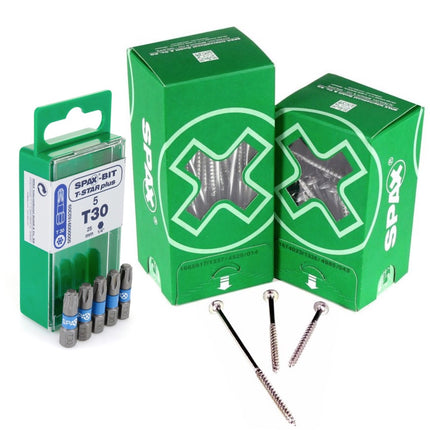 SPAX Bit T-STAR plus Set T30 - 6.4 x 25 mm - 5 pcs. + HI.FORCE Flat Head Screw 6.0 x 80 mm - 200 pcs. (5000009182309) (0251010600805)
