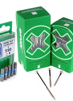 SPAX Bit T-STAR plus Set T30 - 6.4 x 25 mm - 5 pcs. + HI.FORCE Flat Head Screw 6.0 x 100 mm - 200 pcs. (5000009182309) (0251010601005)