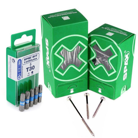 SPAX Bit T-STAR plus Set T30 - 6.4 x 25 mm - 5 pcs. + HI.FORCE Flat Head Screw 6.0 x 100 mm - 200 pcs. (5000009182309) (0251010601005)