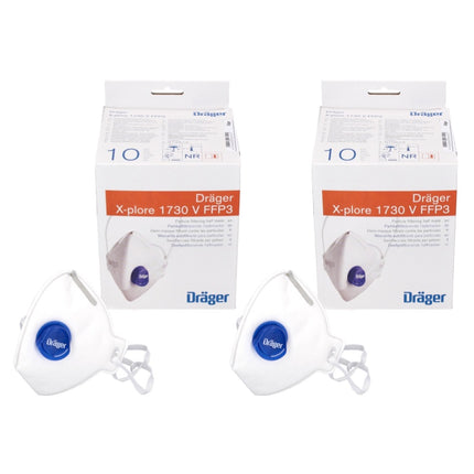 Dräger X-plore 1730 V FFP3 NR D media mascarilla 20 piezas (2x 3951088) Mascarilla respiratoria con filtrado de partículas FFP3 tamaño universal con válvula CoolMAX