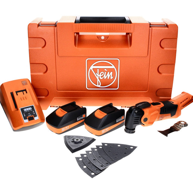 Oscilador de batería FEIN MultiMaster AMM 500 PLUS C 18 V Starlock Plus + juego de platos abrasivos + 2x batería 3,0 Ah + cargador + maletín
