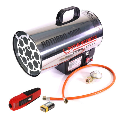 Cañón calefactor Rothenberger Industrial RoTurbo 19000 + encendido piezoeléctrico + manguera + controlador (1500000051) + medidor de nivel RoGas medidor de llenado de gas (1500003369)