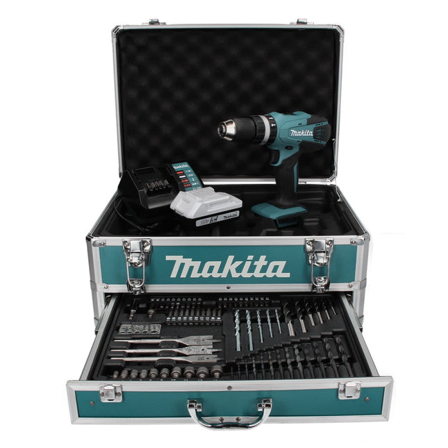Taladro percutor inalámbrico Makita HP 457 DWX4 18 V 42 Nm Serie G + 1x batería 1,5 Ah + cargador + juego de brocas de 70 piezas + estuche