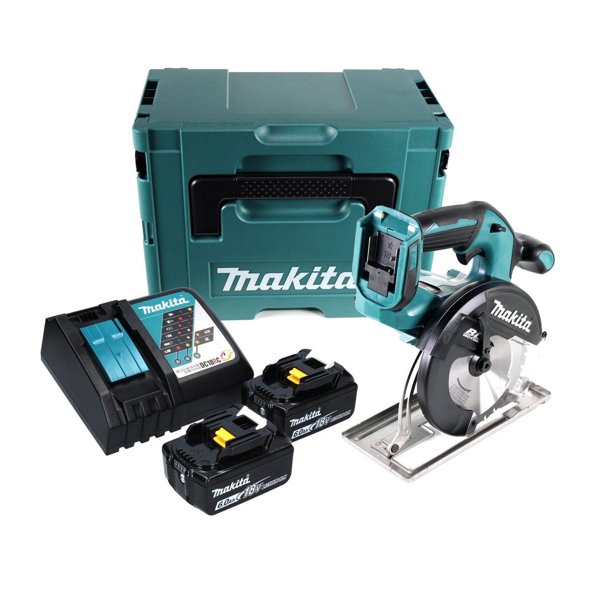 Sierra circular para metal a batería Makita DCS 551 RGJ 18 V 150 mm sin escobillas + 2x baterías 6,0 Ah + cargador + Makpac