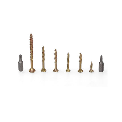 Fischer Power-Fast Box 245 piezas 3,5 - 5 mm (667005) cabeza avellanada con doble rosca Torx, galvanizado, pasivado amarillo