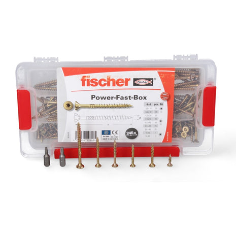 Fischer Power-Fast Box 245 piezas 3,5 - 5 mm (667005) cabeza avellanada con doble rosca Torx, galvanizado, pasivado amarillo