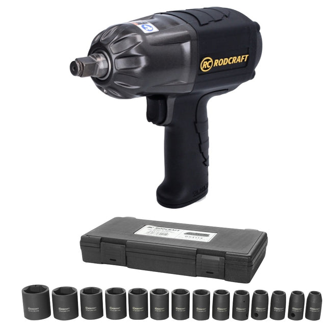 Rodcraft RC2277 llave de impacto 1300 Nm 1/2" + juego de vasos RS4114 14 piezas 10 - 27 mm