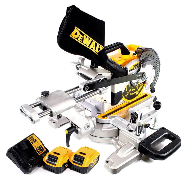 Tronzadora e ingletadora a batería DeWalt DCS 365 P2 18 V 184 mm + 2x baterías 5,0 Ah + cargador
