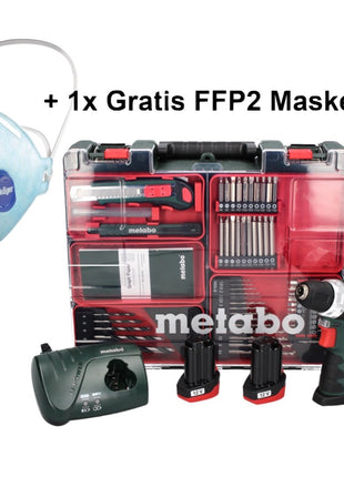 Metabo PowerMaxx BS Basic Set akumulatorowa wiertarko-wkrętarka 10,8 V 34 Nm ( 600080880 ) + 2x akumulator 2,0 Ah + ładowarka + 64-częściowy zestaw wierteł + 1x maska FFP2 + walizka