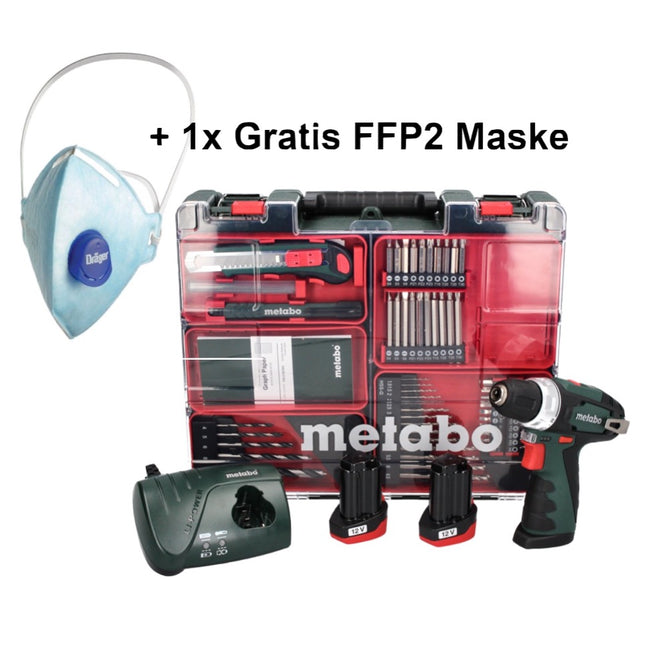 Metabo PowerMaxx BS Basic Set taladro/destornillador inalámbrico 10,8 V 34 Nm (600080880) + 2x batería 2,0 Ah + cargador + juego de brocas de 64 piezas + 1x máscara FFP2 + estuche