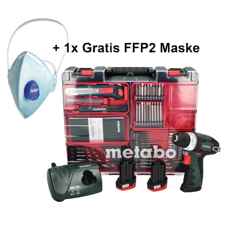 Metabo PowerMaxx BS Basic Set taladro/destornillador inalámbrico 10,8 V 34 Nm (600080880) + 2x batería 2,0 Ah + cargador + juego de brocas de 64 piezas + 1x máscara FFP2 + estuche