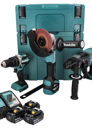 Juego especial de baterías Makita DLX 3093 TJ 18 V con DHP 484 54 Nm + DHR 202 2,0 J + DGA 513 125 mm + 3x baterías 5,0 Ah + cargador + 2x Makpac