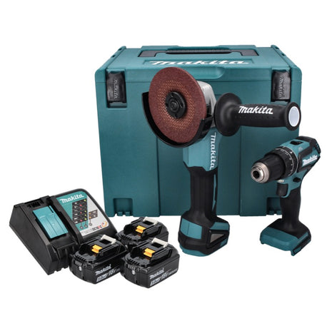 Makita DLX 2334 J akumulatorowy zestaw combo 18 V z DHP 485 50 Nm bezszczotkowy + DGA 504 125 mm bezszczotkowy + 3x akumulator 3,0 Ah + ładowarka + Makpac