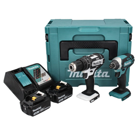 Makita DLX 2131 J kit combinado de batería 18 V con DHP 482 blanco 62 Nm + DTD 152 165 Nm + 2x batería 3,0 Ah + cargador + Makpac