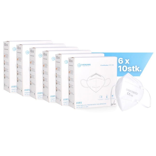 Mascarilla Shengang 60x FFP2 Certificación CE compatible con farmacia protección bucal para respirar y nariz 5 capas ISO9001:2015 / EN149 2001 A1:2009