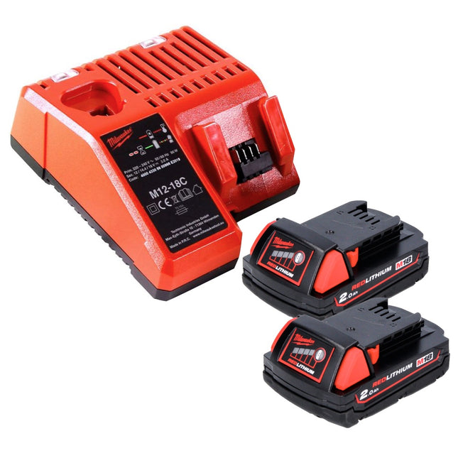Kit de arranque de batería Milwaukee M18 B2 18 V 2x 2,0 Ah (2x 4932430062) + cargador M12-18C 12 - 18 V (4932352959)