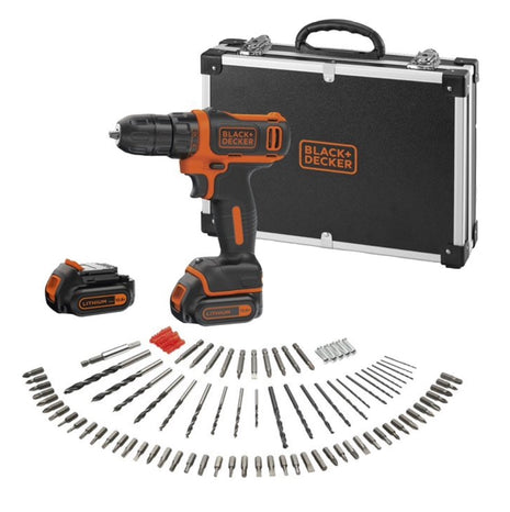 Taladro atornillador inalámbrico Black &amp; Decker BDCDD12BAFC-QW 10,8 V 26 Nm + 2x baterías 1,5 Ah + cargador 100 piezas + estuche.