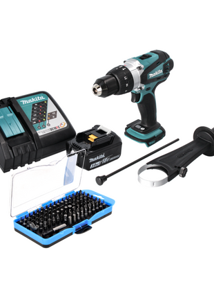 Taladro percutor inalámbrico Makita DHP 458 RF1 18 V 91 Nm + 1x batería 3,0 Ah + cargador + juego de puntas 100 piezas