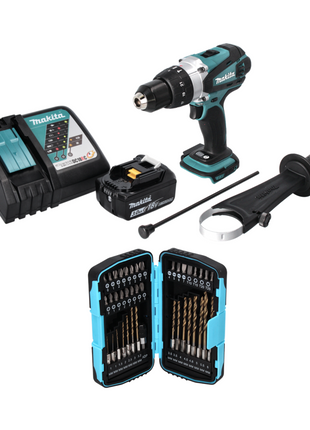 Makita DHP 458 RF1 Perceuse-visseuse à percussion sans fil 18 V 91 Nm + 1x Batterie 3,0 Ah + Chargeur + Jeu d'embouts - 40 pièces