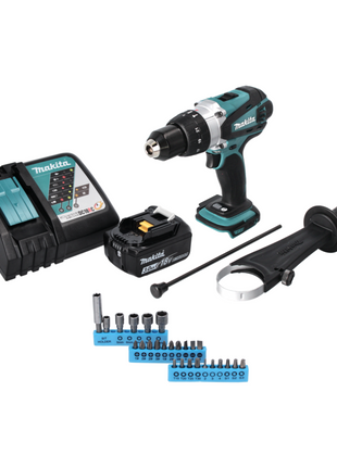 Taladro percutor inalámbrico Makita DHP 458 RF1 18 V 91 Nm + 1x batería 3,0 Ah + cargador + juego de puntas 26 piezas